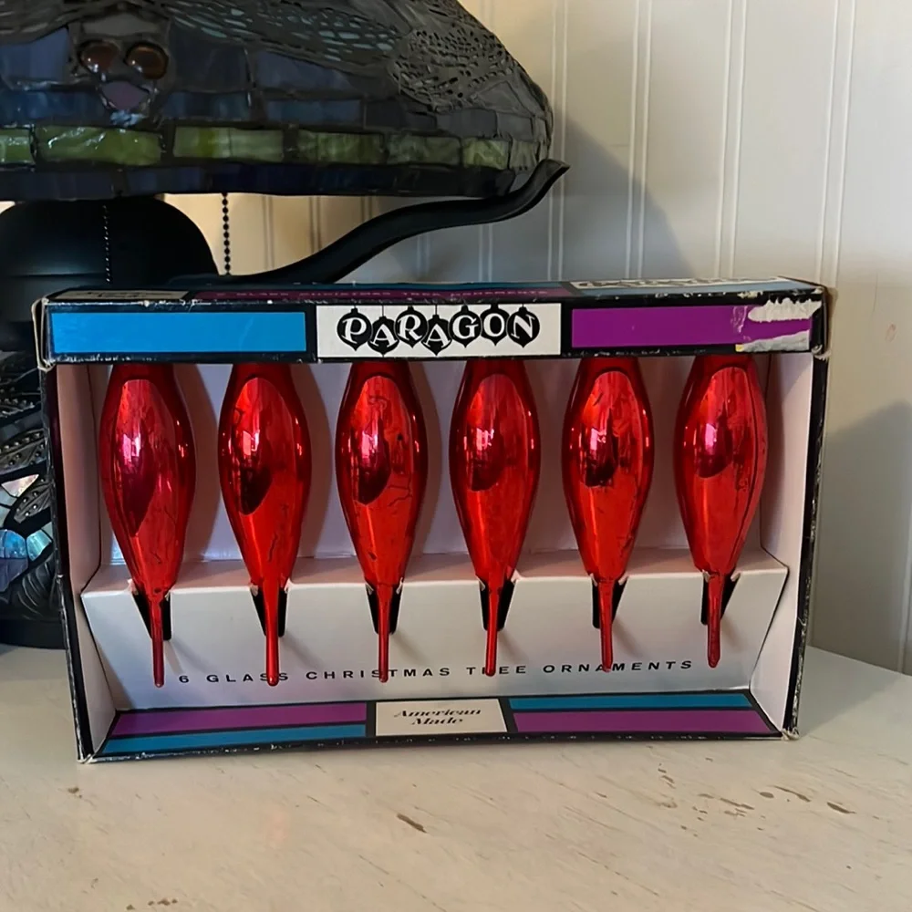 6 Vintage Paragon glass red teardrop Christmas ornaments 6”